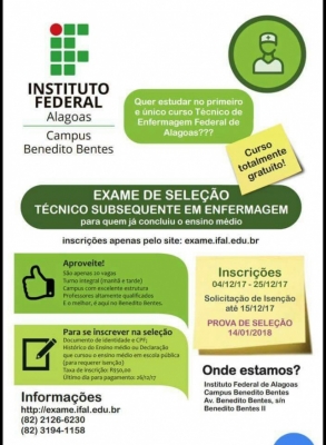 Ifal abre inscrições para curso técnico em Enfermagem no campus Benedito Bentes